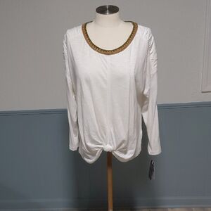 Democracy White Long Sleeve Top with Gold Trim
